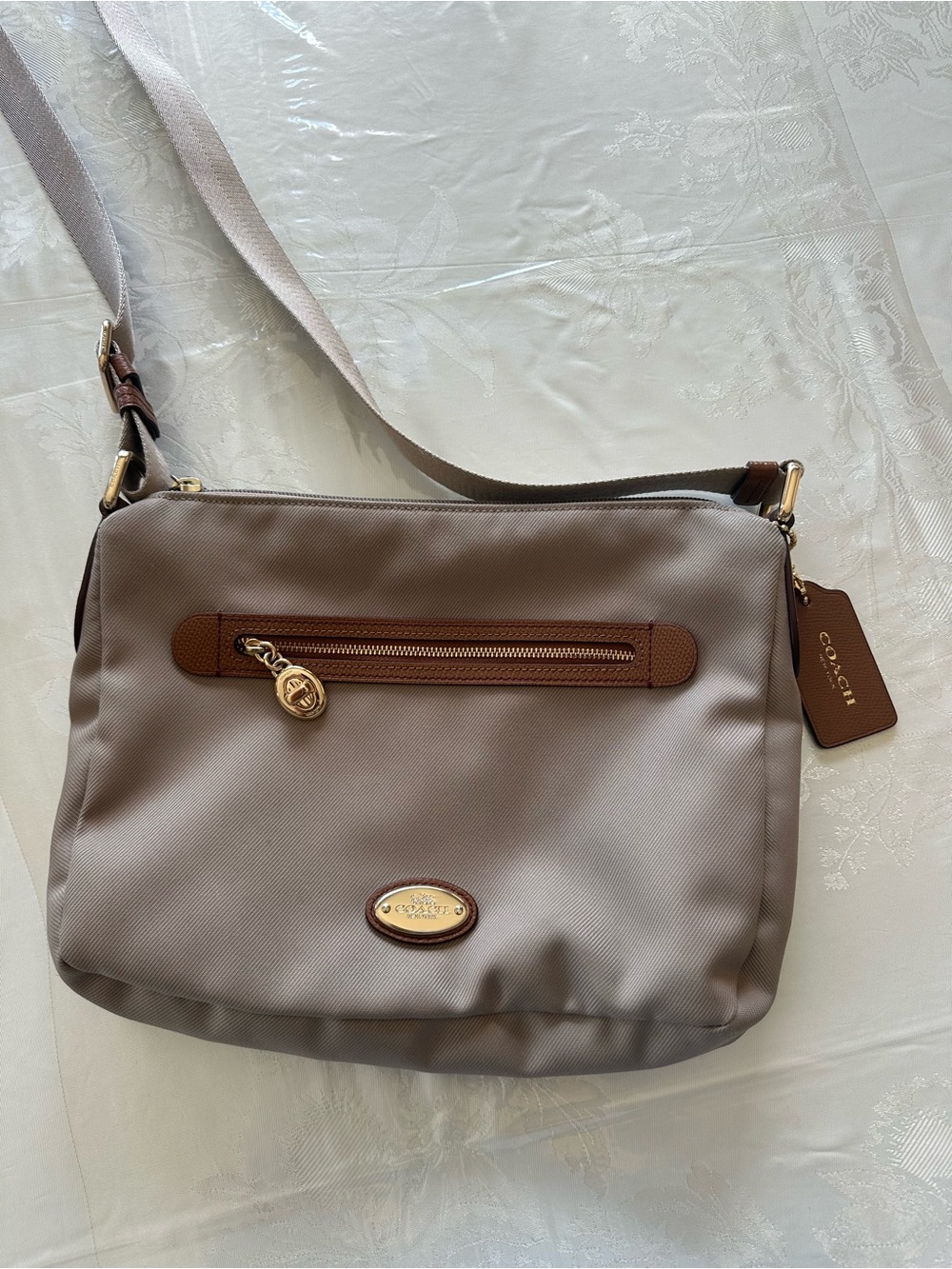 Coach Beige-Taupe Crossbody with Brown Leather Trim